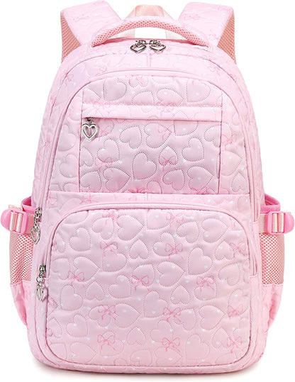 Girls Backpack Set with Bows Heart-shaped Lightweight Schoolbags for Girl Children Spacious Bookbag Waterproof (pink-2)