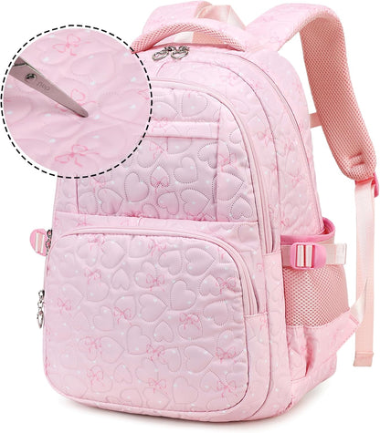 Girls Backpack Set with Bows Heart-shaped Lightweight Schoolbags for Girl Children Spacious Bookbag Waterproof (pink-2)
