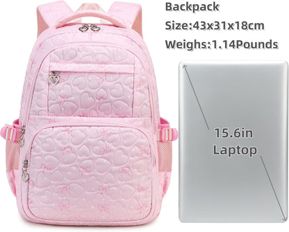 Girls Backpack Set with Bows Heart-shaped Lightweight Schoolbags for Girl Children Spacious Bookbag Waterproof (pink-2)