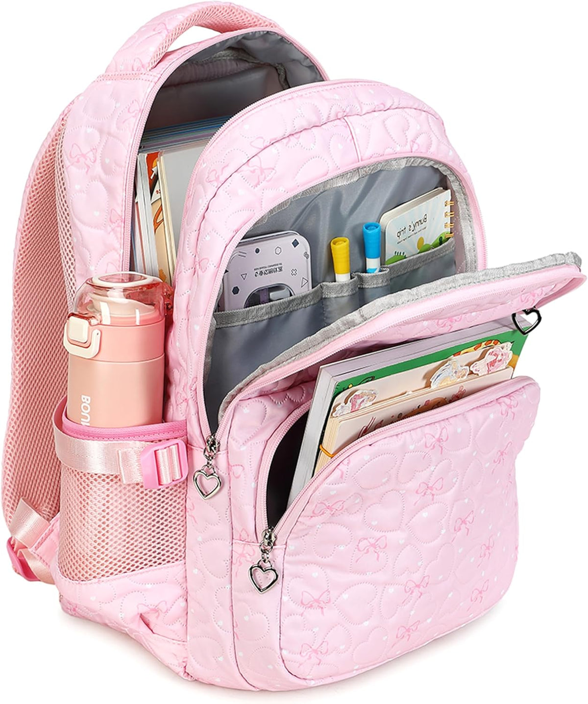 Girls Backpack Set with Bows Heart-shaped Lightweight Schoolbags for Girl Children Spacious Bookbag Waterproof (pink-2)