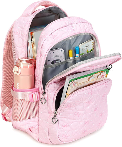 Girls Backpack Set with Bows Heart-shaped Lightweight Schoolbags for Girl Children Spacious Bookbag Waterproof (pink-2)