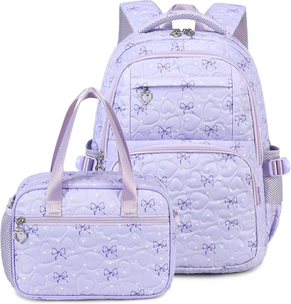Girls Backpack Set with Bows Heart-shaped Lightweight Schoolbags for Girl Children Spacious Bookbag Waterproof (pink-2)