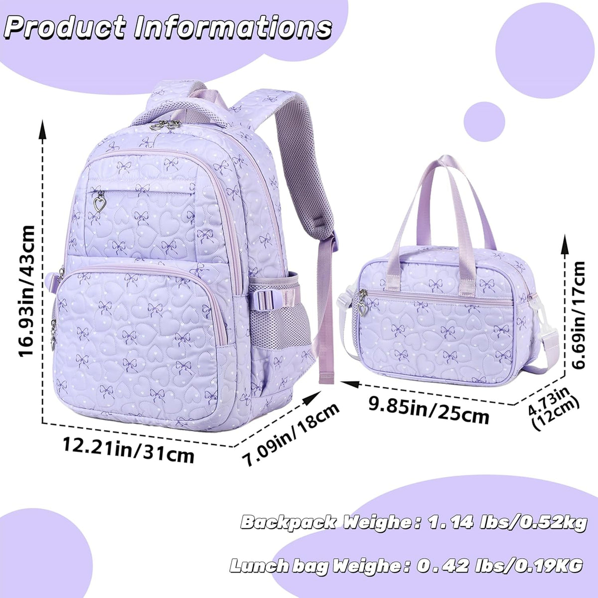 Girls Backpack Set with Bows Heart-shaped Lightweight Schoolbags for Girl Children Spacious Bookbag Waterproof (pink-2)