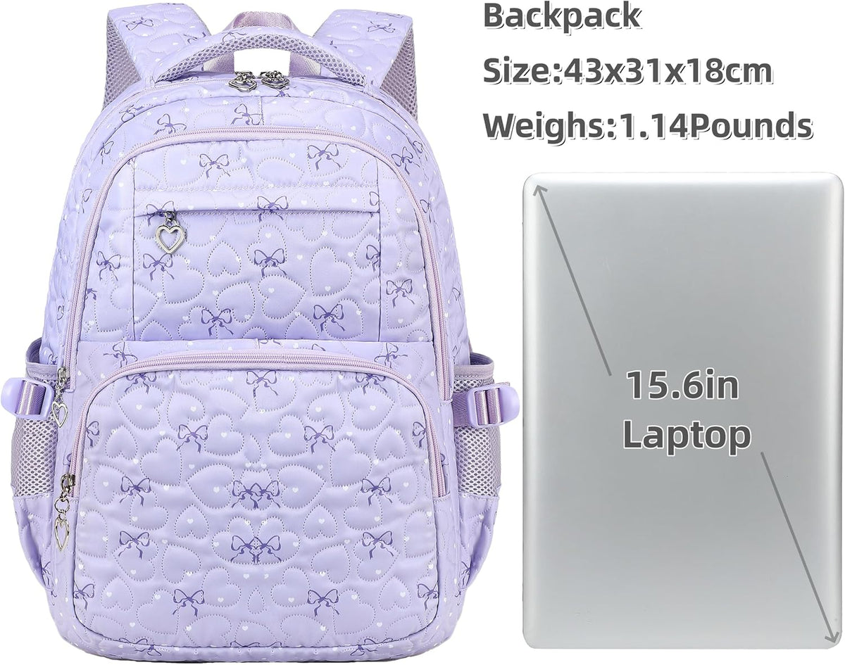 Girls Backpack Set with Bows Heart-shaped Lightweight Schoolbags for Girl Children Spacious Bookbag Waterproof (pink-2)