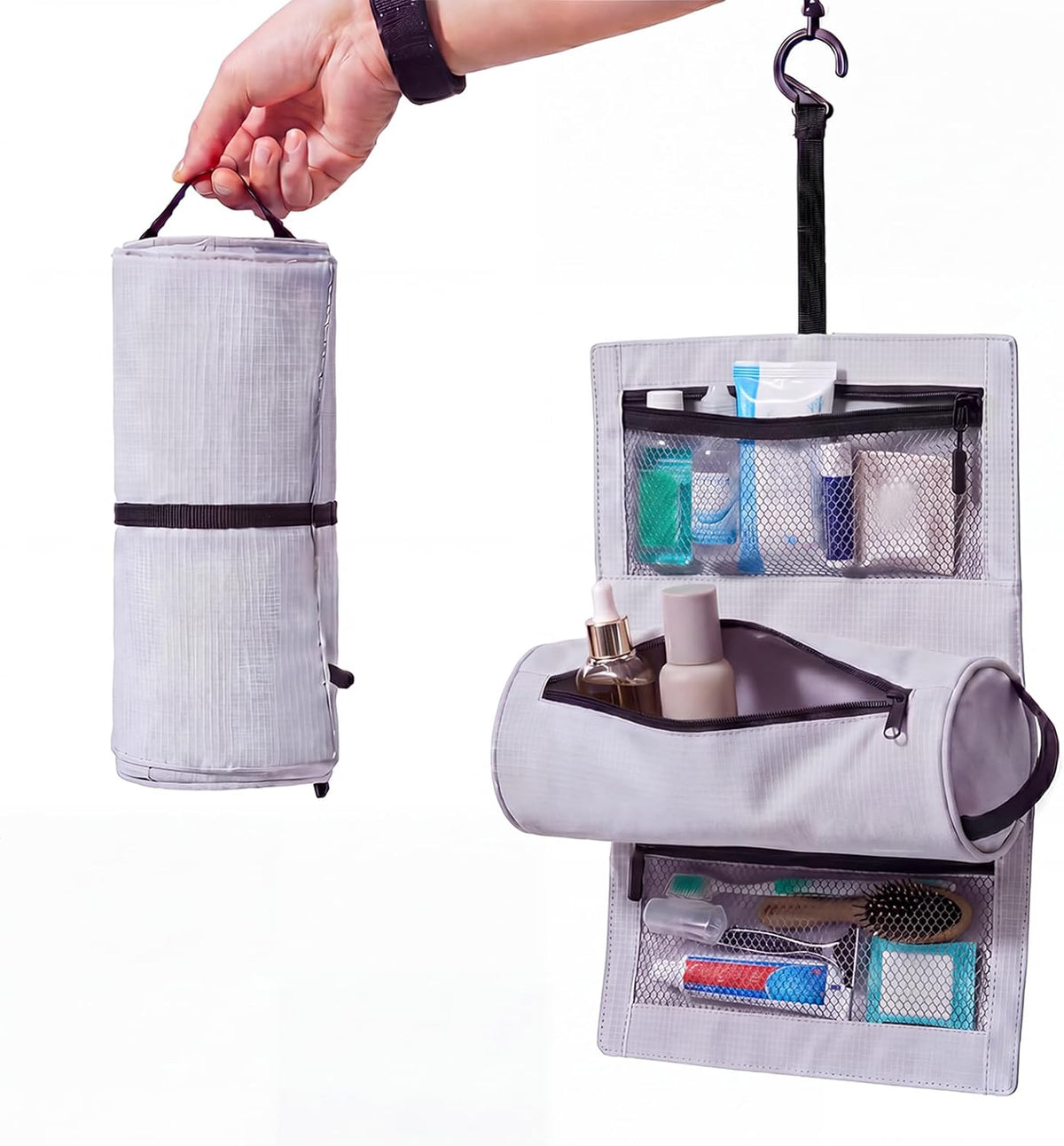 Hanging Toiletry Bag with Roll Up Pouch Travel Waterproof Toiletry Bag with Hook Portable Hanging Organizer with Multiple Compartments Durable Polyester for Travel Size Toiletries, Compact Design Grey