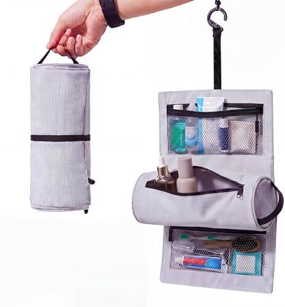 Hanging Toiletry Bag with Roll Up Pouch Travel Waterproof Toiletry Bag with Hook Portable Hanging Organizer with Multiple Compartments Durable Polyester for Travel Size Toiletries, Compact Design Grey