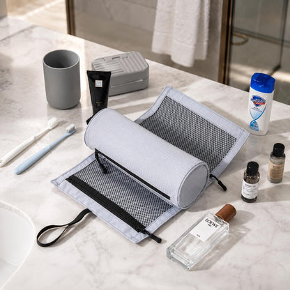 Hanging Toiletry Bag with Roll Up Pouch Travel Waterproof Toiletry Bag with Hook Portable Hanging Organizer with Multiple Compartments Durable Polyester for Travel Size Toiletries, Compact Design Grey
