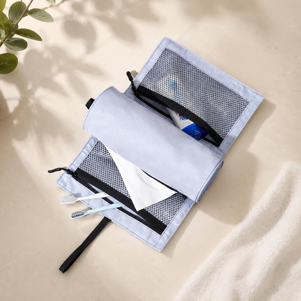 Hanging Toiletry Bag with Roll Up Pouch Travel Waterproof Toiletry Bag with Hook Portable Hanging Organizer with Multiple Compartments Durable Polyester for Travel Size Toiletries, Compact Design Grey