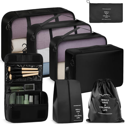 8-Piece Packing Cubes, Black Travel Luggage Organizer Set | Mesh storage bags for clothes/shoes/toiletries, durable, lightweight, ideal for carry-on and vacation, 8-piece set.
