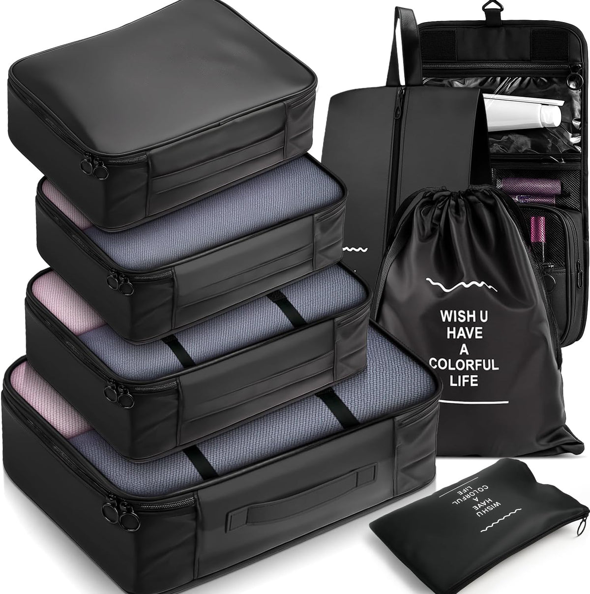 8-Piece Packing Cubes, Black Travel Luggage Organizer Set | Mesh storage bags for clothes/shoes/toiletries, durable, lightweight, ideal for carry-on and vacation, 8-piece set.