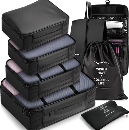8-Piece Packing Cubes, Black Travel Luggage Organizer Set | Mesh storage bags for clothes/shoes/toiletries, durable, lightweight, ideal for carry-on and vacation, 8-piece set.