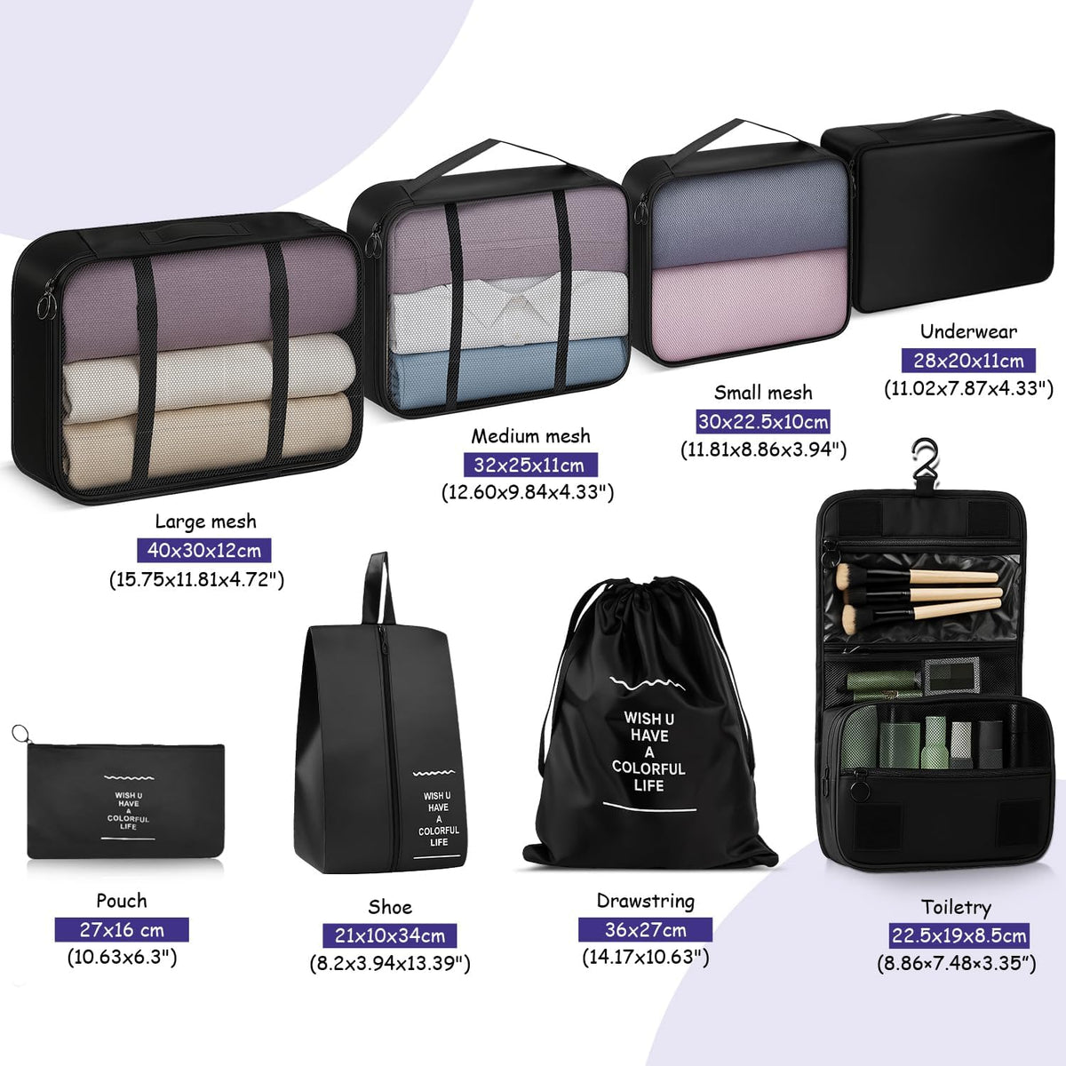 8-Piece Packing Cubes, Black Travel Luggage Organizer Set | Mesh storage bags for clothes/shoes/toiletries, durable, lightweight, ideal for carry-on and vacation, 8-piece set.