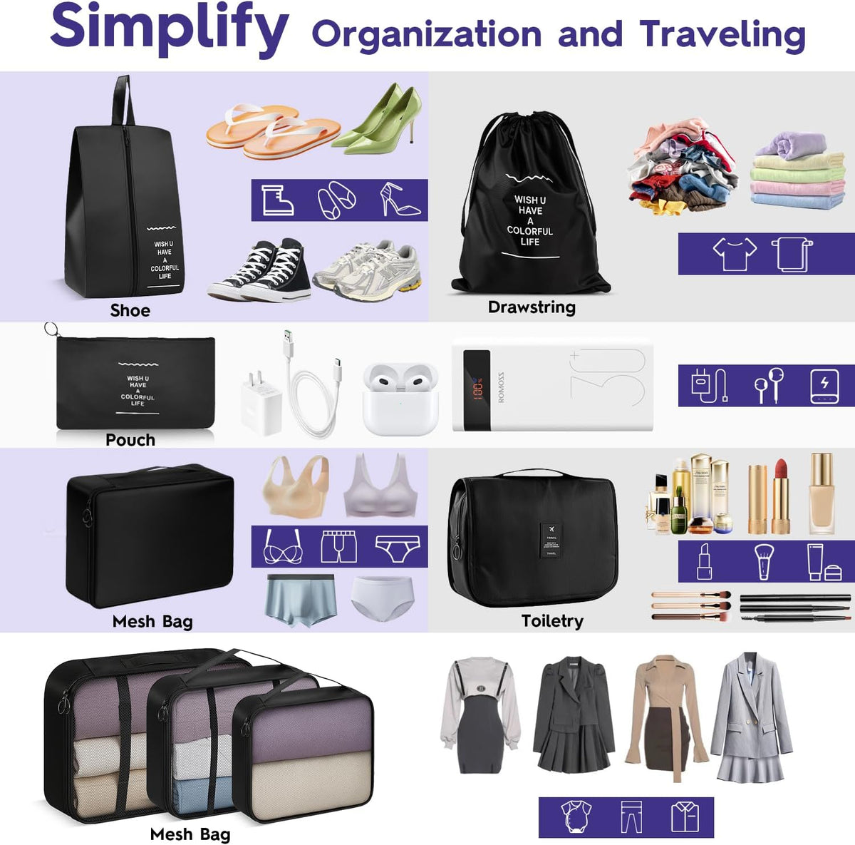 8-Piece Packing Cubes, Black Travel Luggage Organizer Set | Mesh storage bags for clothes/shoes/toiletries, durable, lightweight, ideal for carry-on and vacation, 8-piece set.