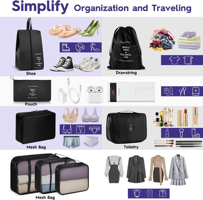 8-Piece Packing Cubes, Black Travel Luggage Organizer Set | Mesh storage bags for clothes/shoes/toiletries, durable, lightweight, ideal for carry-on and vacation, 8-piece set.