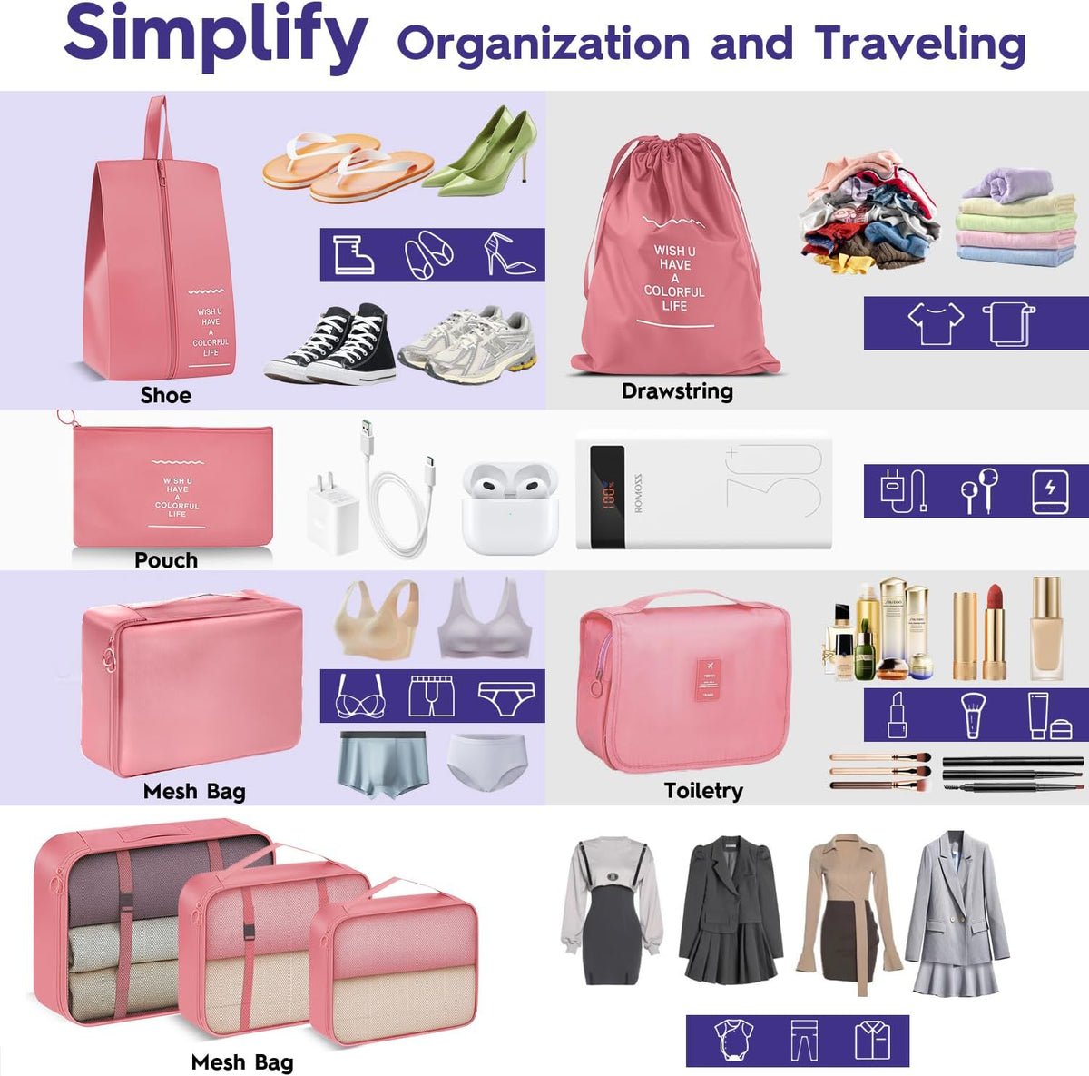 8-Piece Packing Cubes, Black Travel Luggage Organizer Set | Mesh storage bags for clothes/shoes/toiletries, durable, lightweight, ideal for carry-on and vacation, 8-piece set.