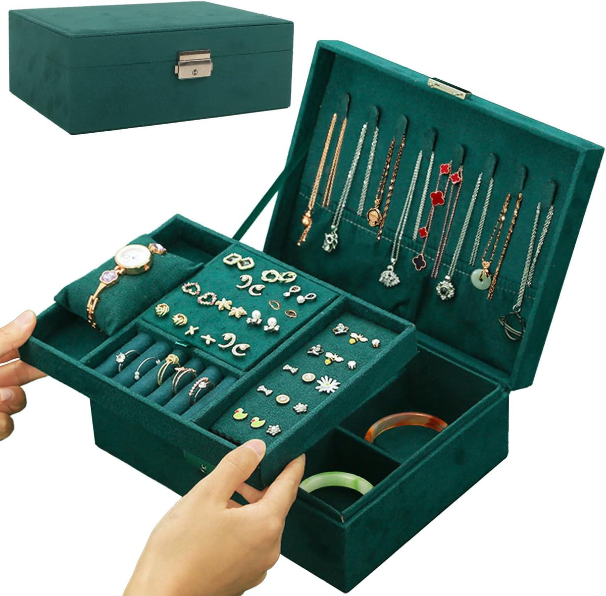 Velvet Jewelry Box Organizer - 2 Pack Lockable 2 Layer Travel Case with Removable Tray, Jewelry Storage for Women & Men, Jewelry Display Case for Rings, Necklace, Earrings (Green)