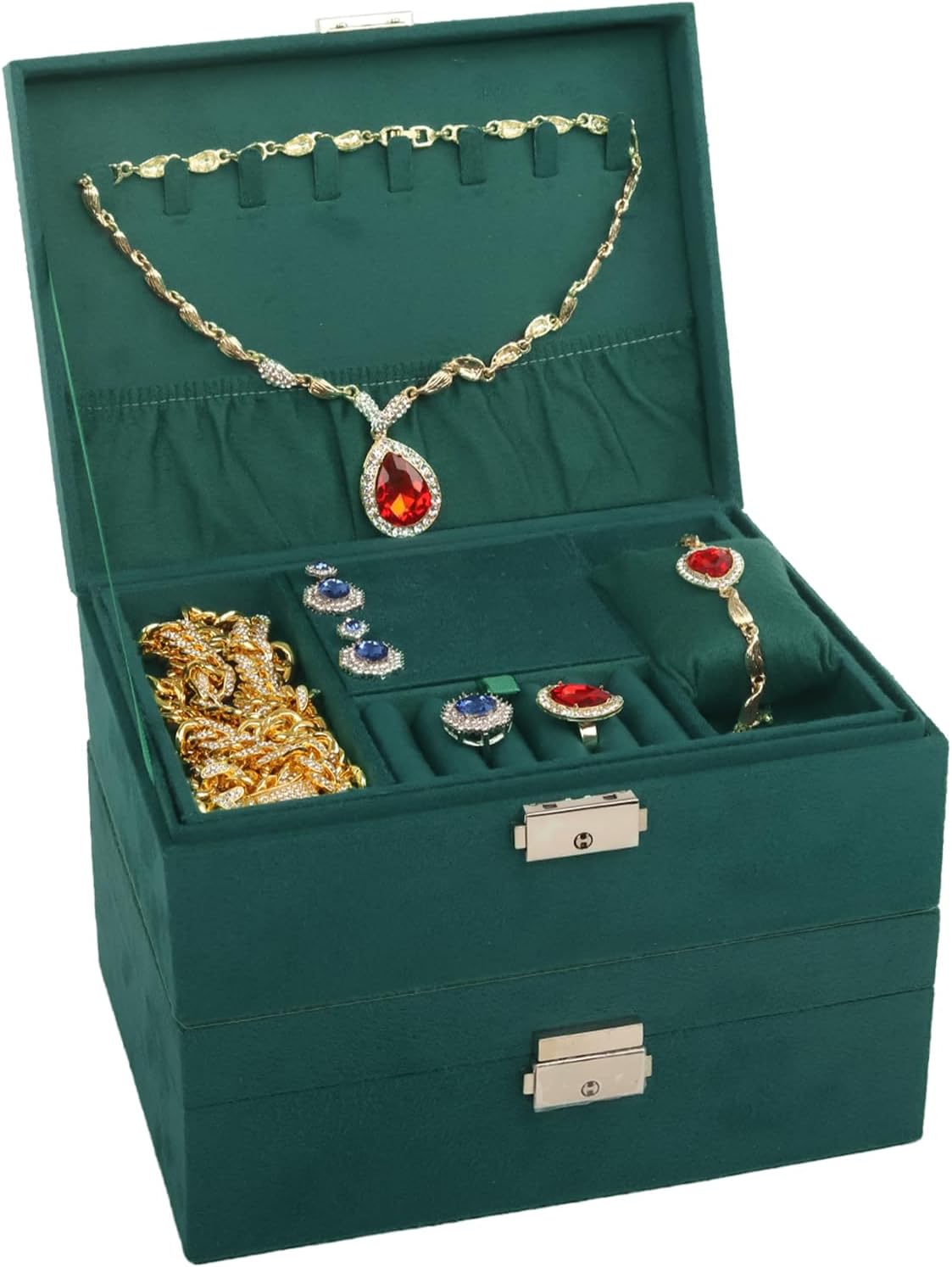 Velvet Jewelry Box Organizer - 2 Pack Lockable 2 Layer Travel Case with Removable Tray, Jewelry Storage for Women & Men, Jewelry Display Case for Rings, Necklace, Earrings (Green)