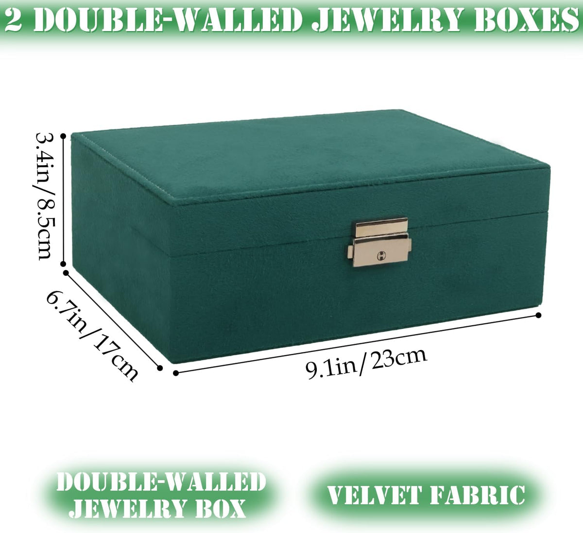 Velvet Jewelry Box Organizer - 2 Pack Lockable 2 Layer Travel Case with Removable Tray, Jewelry Storage for Women & Men, Jewelry Display Case for Rings, Necklace, Earrings (Green)