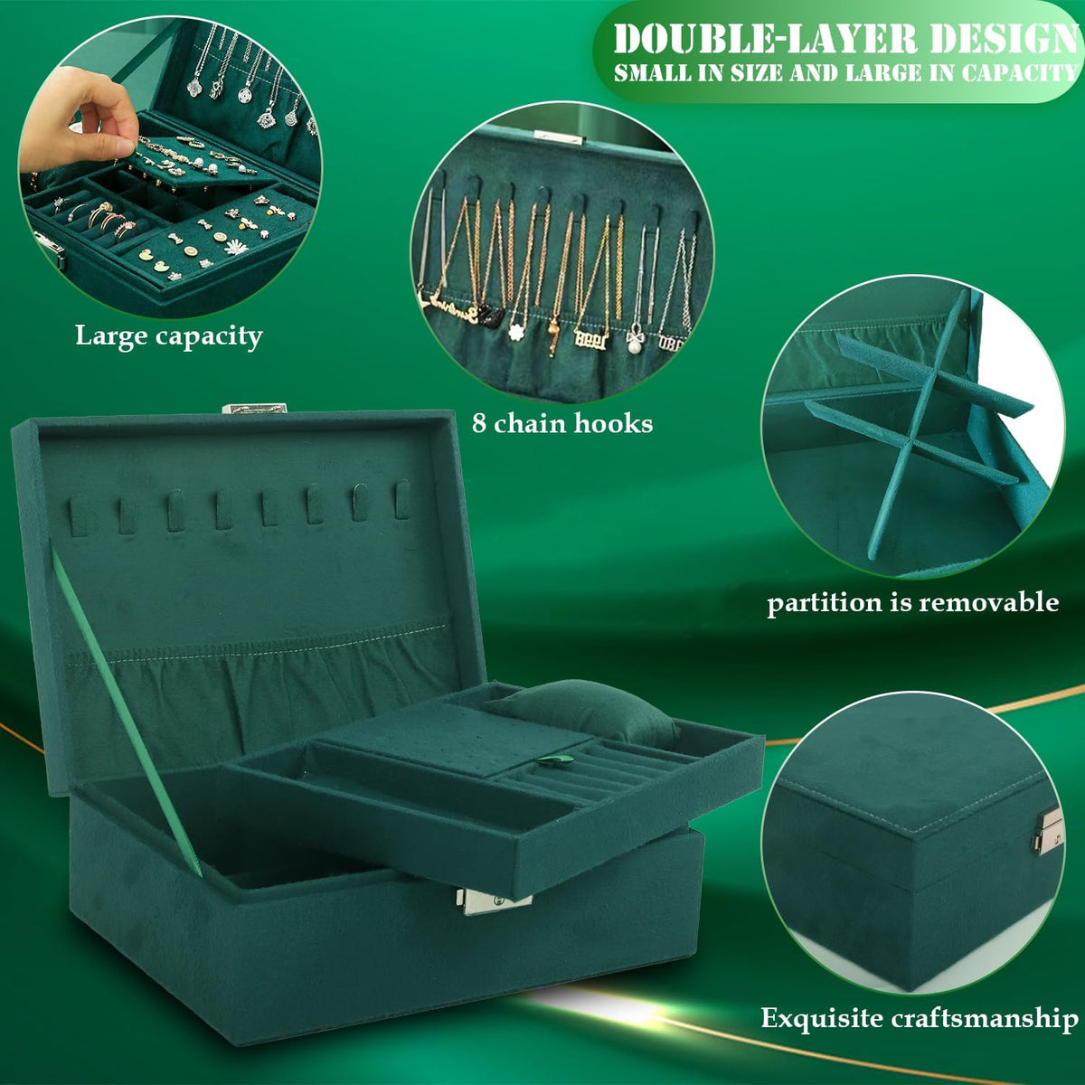 Velvet Jewelry Box Organizer - 2 Pack Lockable 2 Layer Travel Case with Removable Tray, Jewelry Storage for Women & Men, Jewelry Display Case for Rings, Necklace, Earrings (Green)