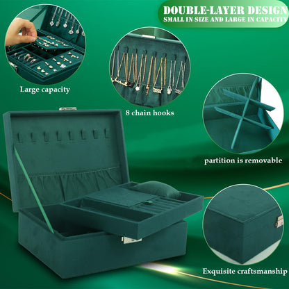 Velvet Jewelry Box Organizer - 2 Pack Lockable 2 Layer Travel Case with Removable Tray, Jewelry Storage for Women & Men, Jewelry Display Case for Rings, Necklace, Earrings (Green)