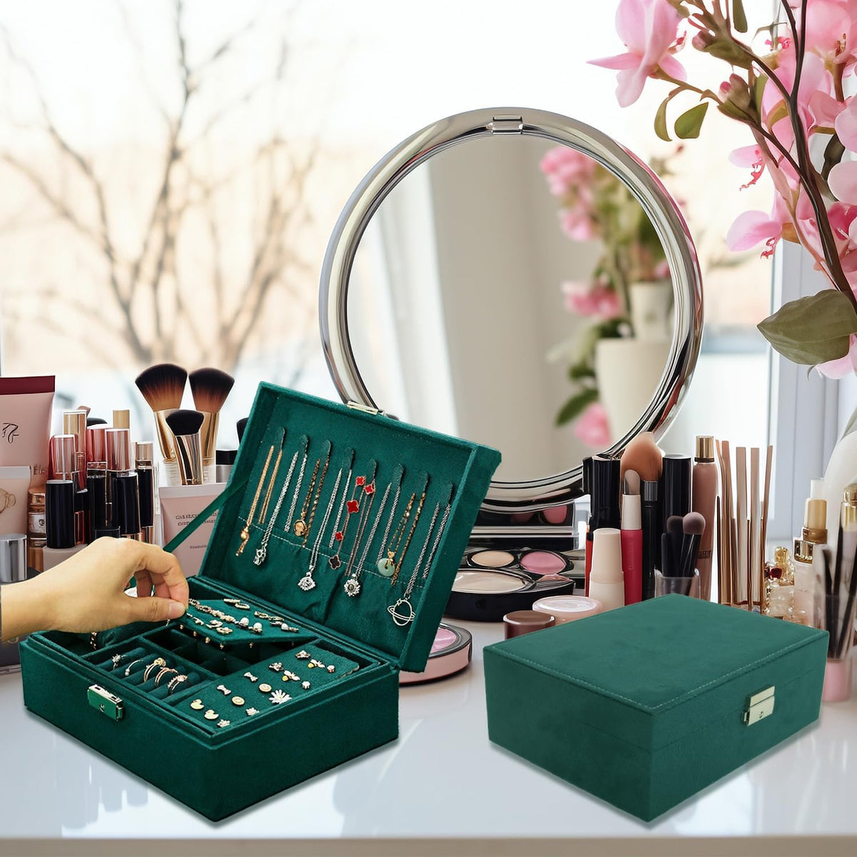 Velvet Jewelry Box Organizer - 2 Pack Lockable 2 Layer Travel Case with Removable Tray, Jewelry Storage for Women & Men, Jewelry Display Case for Rings, Necklace, Earrings (Green)