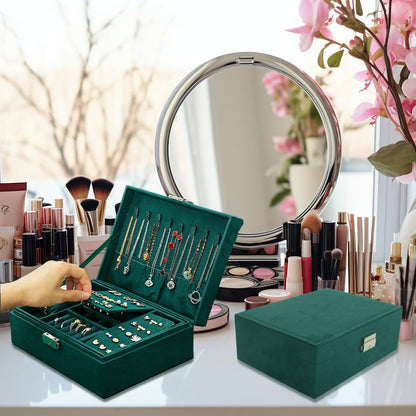 Velvet Jewelry Box Organizer - 2 Pack Lockable 2 Layer Travel Case with Removable Tray, Jewelry Storage for Women & Men, Jewelry Display Case for Rings, Necklace, Earrings (Green)
