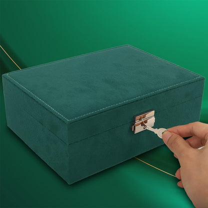 Velvet Jewelry Box Organizer - 2 Pack Lockable 2 Layer Travel Case with Removable Tray, Jewelry Storage for Women & Men, Jewelry Display Case for Rings, Necklace, Earrings (Green)