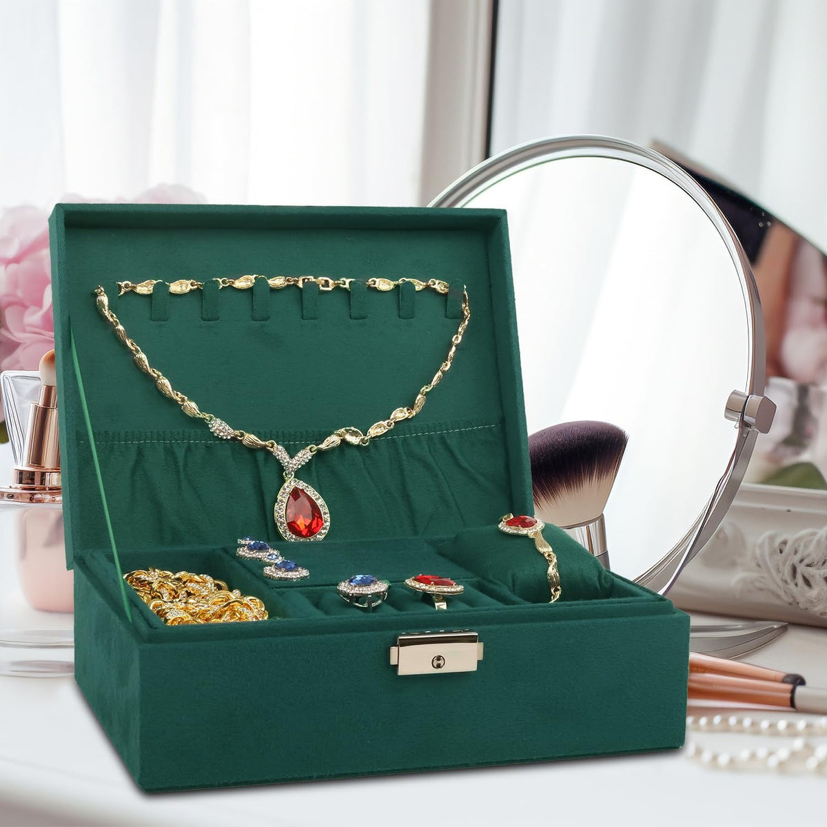Velvet Jewelry Box Organizer - 2 Pack Lockable 2 Layer Travel Case with Removable Tray, Jewelry Storage for Women & Men, Jewelry Display Case for Rings, Necklace, Earrings (Green)
