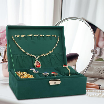Velvet Jewelry Box Organizer - 2 Pack Lockable 2 Layer Travel Case with Removable Tray, Jewelry Storage for Women & Men, Jewelry Display Case for Rings, Necklace, Earrings (Green)