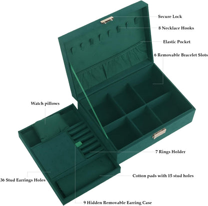 Velvet Jewelry Box Organizer - 2 Pack Lockable 2 Layer Travel Case with Removable Tray, Jewelry Storage for Women & Men, Jewelry Display Case for Rings, Necklace, Earrings (Green)