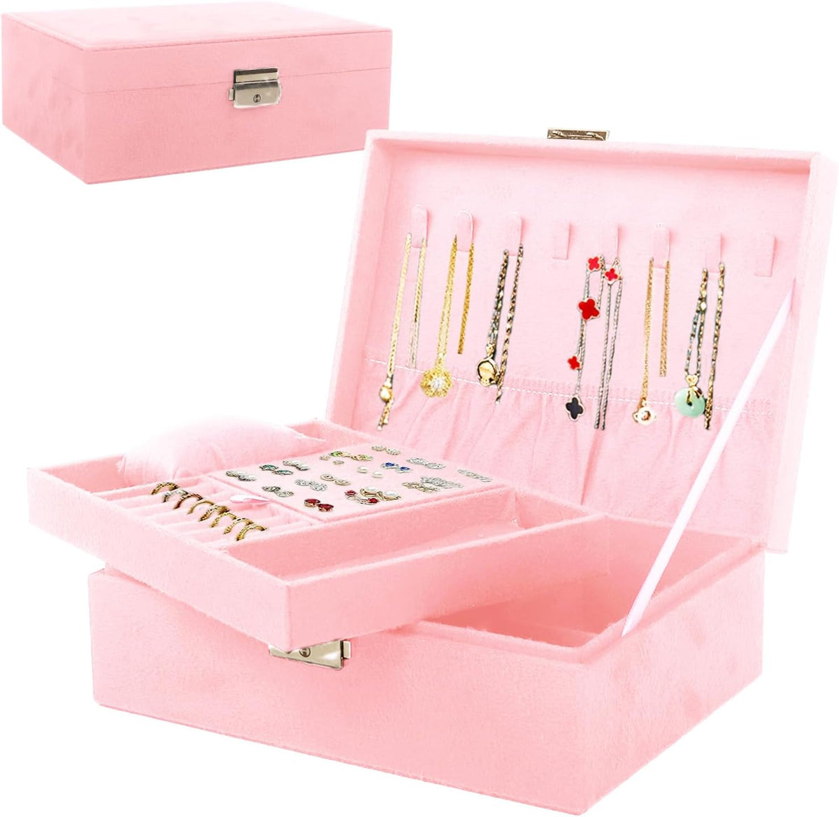 Velvet Jewelry Box Organizer - 2 Pack Lockable 2 Layer Travel Case with Removable Tray, Jewelry Storage for Women & Men, Jewelry Display Case for Rings, Necklace, Earrings (Green)