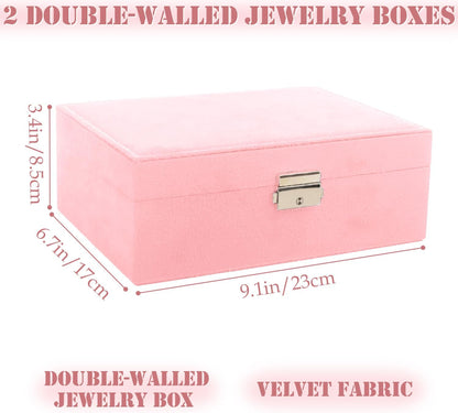 Velvet Jewelry Box Organizer - 2 Pack Lockable 2 Layer Travel Case with Removable Tray, Jewelry Storage for Women & Men, Jewelry Display Case for Rings, Necklace, Earrings (Green)