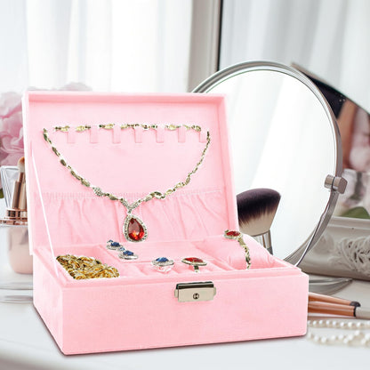 Velvet Jewelry Box Organizer - 2 Pack Lockable 2 Layer Travel Case with Removable Tray, Jewelry Storage for Women & Men, Jewelry Display Case for Rings, Necklace, Earrings (Green)