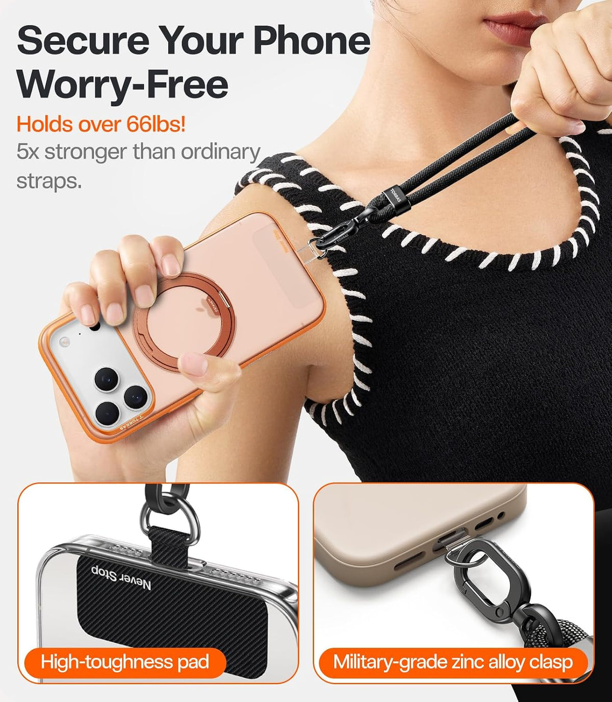 Phone Lanyard Crossbody with 2 Phone Tabs, Adjustable Anti Theft Phone Strap for All Phones, Premium Metal Buckles, Skin-Friendly, Universal Cell Phone Neck lanyard for Travel Essentials, Black