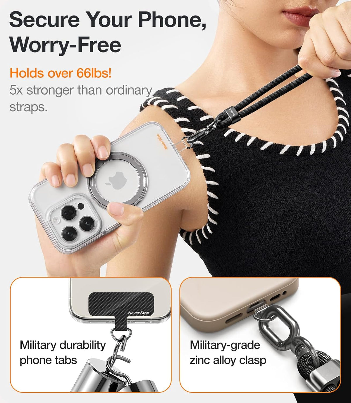 Phone Lanyard Crossbody with 2 Phone Tabs, Adjustable Anti Theft Phone Strap for All Phones, Premium Metal Buckles, Skin-Friendly, Universal Cell Phone Neck lanyard for Travel Essentials, Black