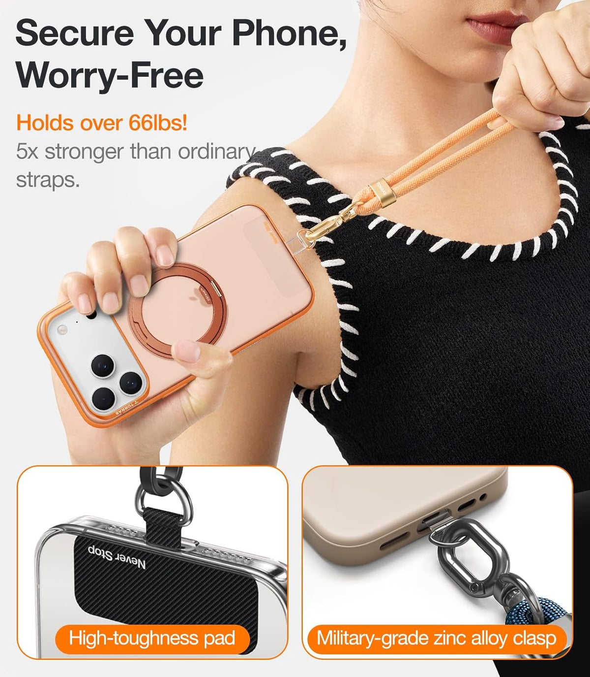 Phone Lanyard Crossbody with 2 Phone Tabs, Adjustable Anti Theft Phone Strap for All Phones, Premium Metal Buckles, Skin-Friendly, Universal Cell Phone Neck lanyard for Travel Essentials, Black