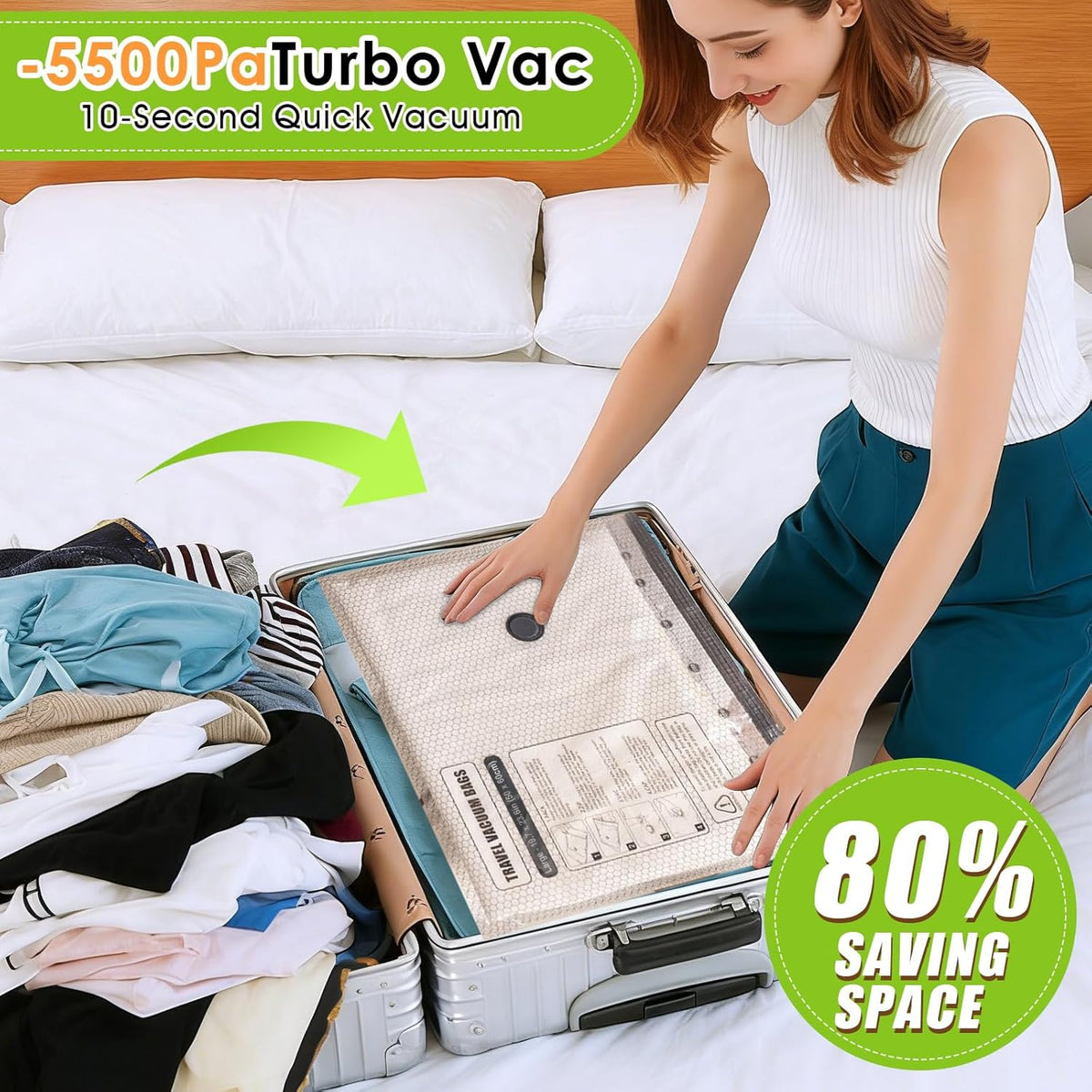 Travel Vacuum Storage Bags for Clothing with Rechargeable Air & Hand Pump, 9 Pack Portable Space Saver Bags, Compression Packing Seal for Luggage and Suitcase, Blankets, Seasonal (9 Combo Travel Size)