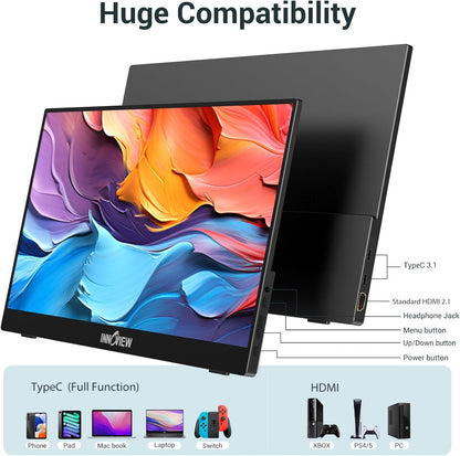 15.6'' Portable Monitor for Laptop FHD 1080P USB-C Travel Monitors Built-in 90° Adjustable Stand Without Bag, HDR IPS Portable Laptop Monitor for MacBook PC Phone Xbox PS4/5 Switch