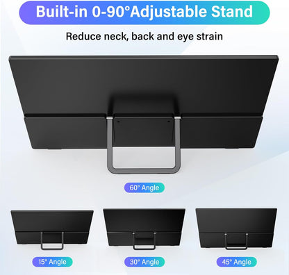 15.6'' Portable Monitor for Laptop FHD 1080P USB-C Travel Monitors Built-in 90° Adjustable Stand Without Bag, HDR IPS Portable Laptop Monitor for MacBook PC Phone Xbox PS4/5 Switch