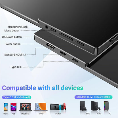 15.6'' Portable Monitor for Laptop FHD 1080P USB-C Travel Monitors Built-in 90° Adjustable Stand Without Bag, HDR IPS Portable Laptop Monitor for MacBook PC Phone Xbox PS4/5 Switch