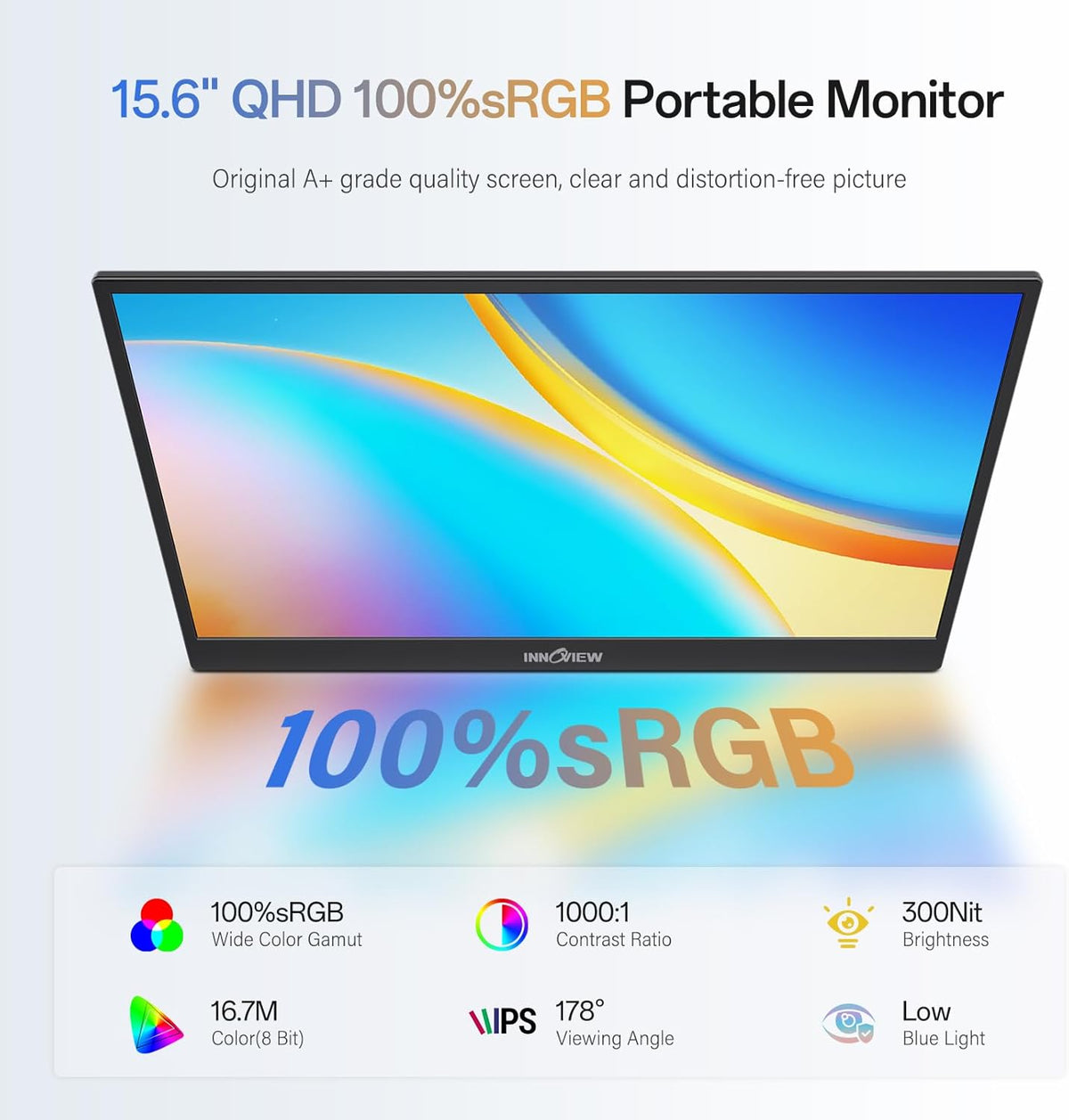 15.6'' Portable Monitor for Laptop FHD 1080P USB-C Travel Monitors Built-in 90° Adjustable Stand Without Bag, HDR IPS Portable Laptop Monitor for MacBook PC Phone Xbox PS4/5 Switch