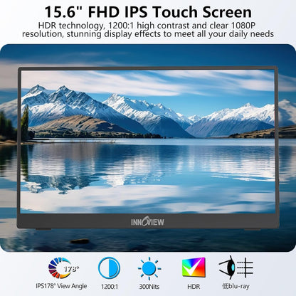 15.6'' Portable Monitor for Laptop FHD 1080P USB-C Travel Monitors Built-in 90° Adjustable Stand Without Bag, HDR IPS Portable Laptop Monitor for MacBook PC Phone Xbox PS4/5 Switch