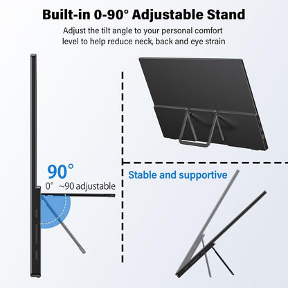 15.6'' Portable Monitor for Laptop FHD 1080P USB-C Travel Monitors Built-in 90° Adjustable Stand Without Bag, HDR IPS Portable Laptop Monitor for MacBook PC Phone Xbox PS4/5 Switch