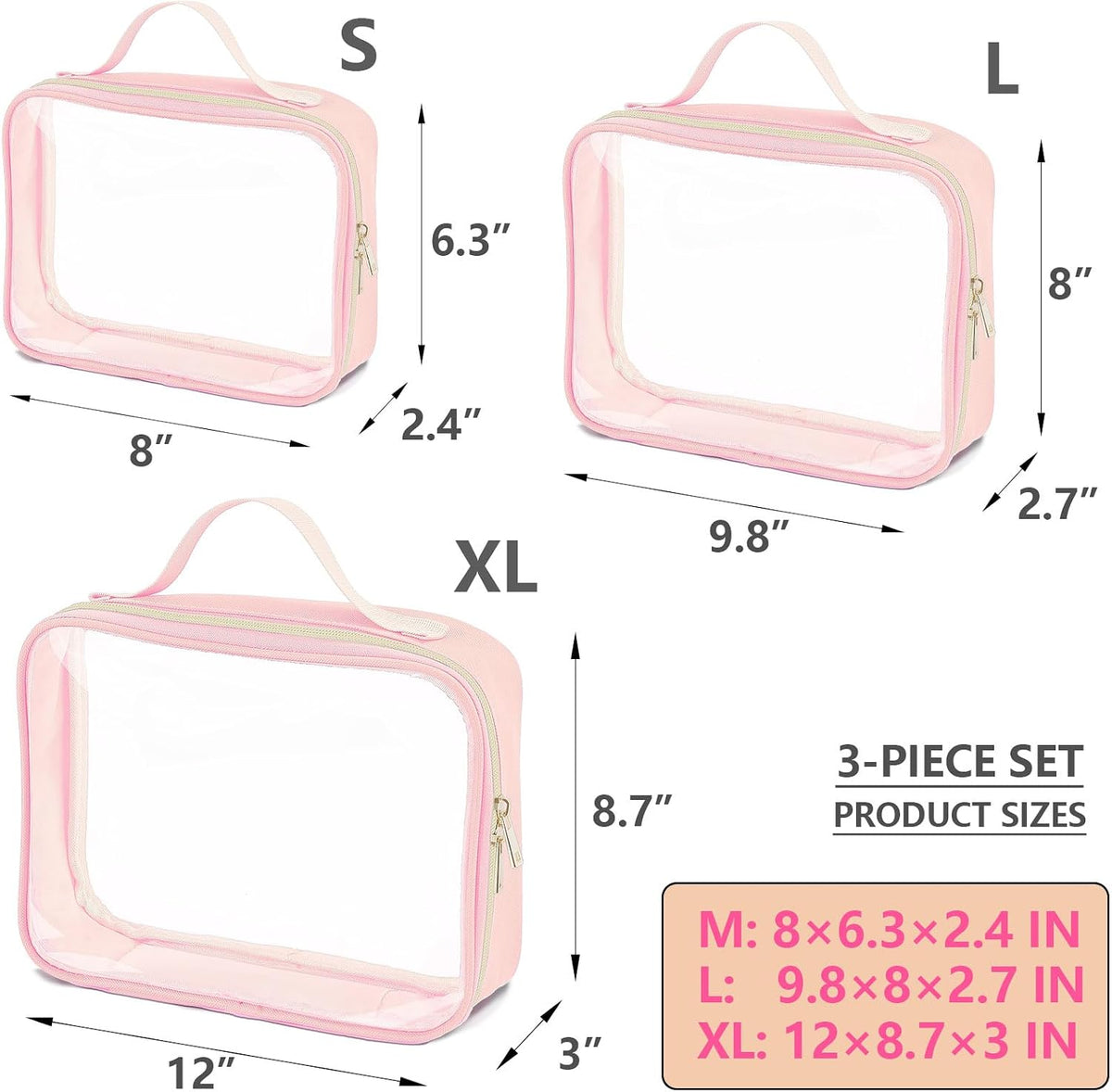 3 Set of Clear Travel Bags for Toiletries,Clears Makeup-Bag Quart Size Travel Bag, Pink