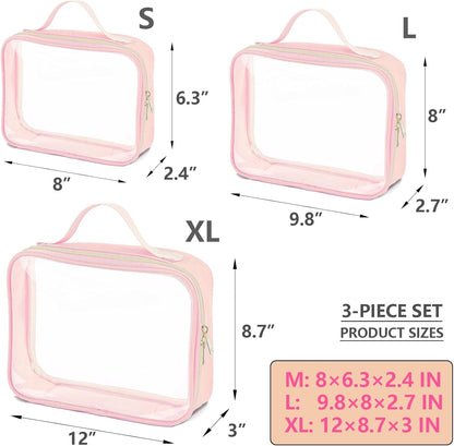3 Set of Clear Travel Bags for Toiletries,Clears Makeup-Bag Quart Size Travel Bag, Pink