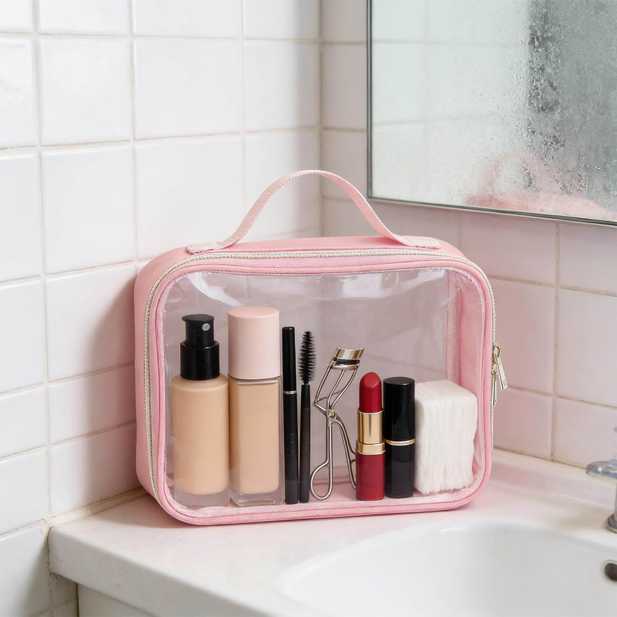 3 Set of Clear Travel Bags for Toiletries,Clears Makeup-Bag Quart Size Travel Bag, Pink