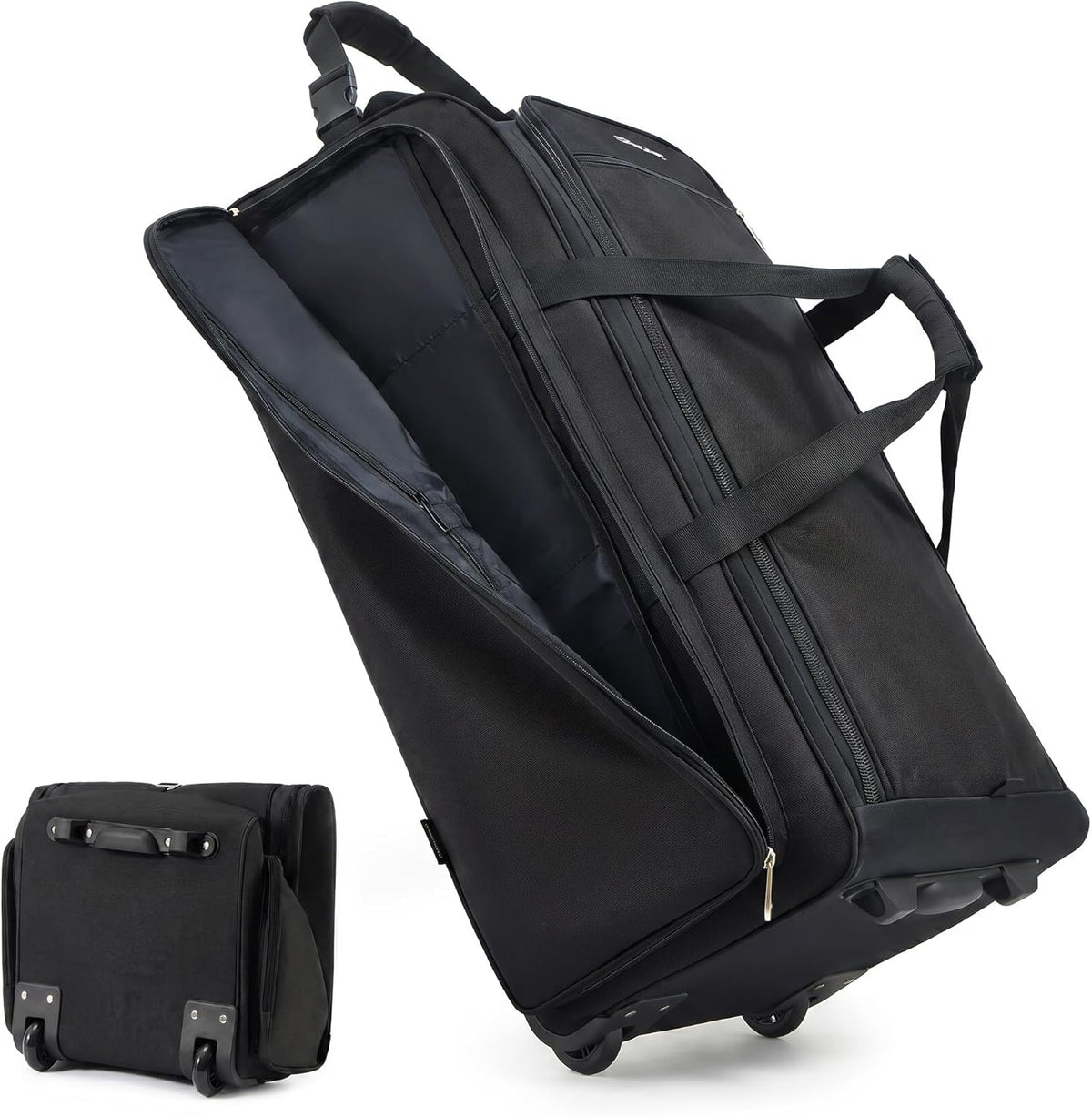 120L Foldable Rolling Duffle Bag with Wheels, Self-Standing Travel Duffel, Heavy Duty Water Resistant Collapsible Luggage with Clean Isolation Pocket for Intimates & Kids, Family Travel