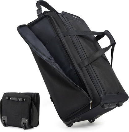 120L Foldable Rolling Duffle Bag with Wheels, Self-Standing Travel Duffel, Heavy Duty Water Resistant Collapsible Luggage with Clean Isolation Pocket for Intimates & Kids, Family Travel