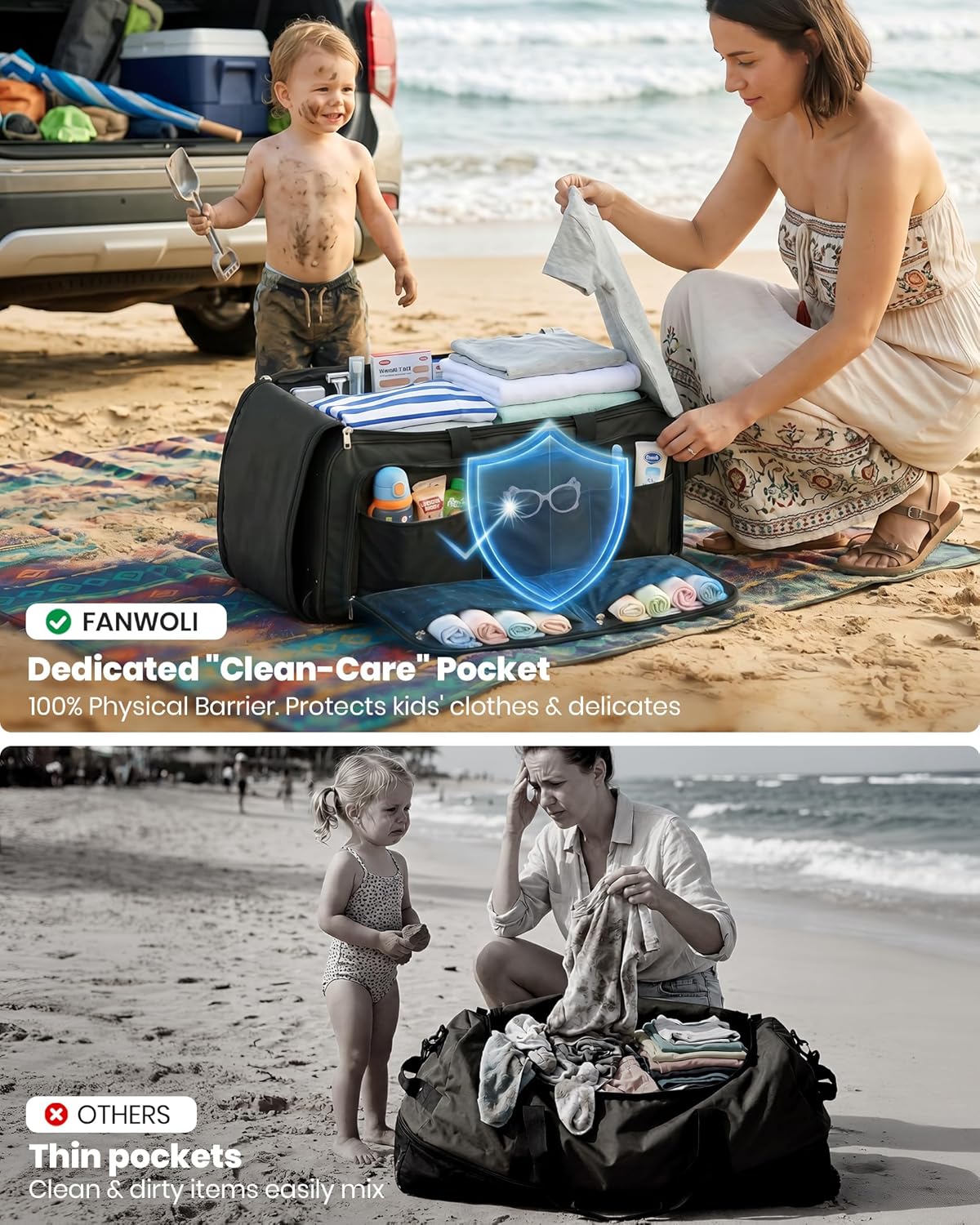 120L Foldable Rolling Duffle Bag with Wheels, Self-Standing Travel Duffel, Heavy Duty Water Resistant Collapsible Luggage with Clean Isolation Pocket for Intimates & Kids, Family Travel