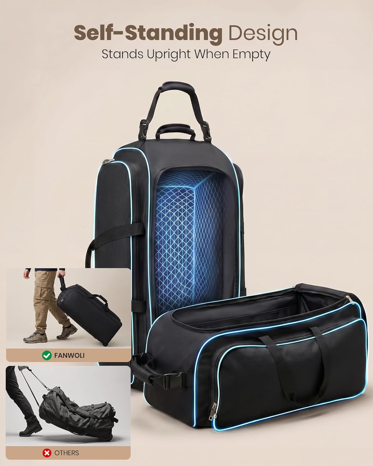 120L Foldable Rolling Duffle Bag with Wheels, Self-Standing Travel Duffel, Heavy Duty Water Resistant Collapsible Luggage with Clean Isolation Pocket for Intimates & Kids, Family Travel